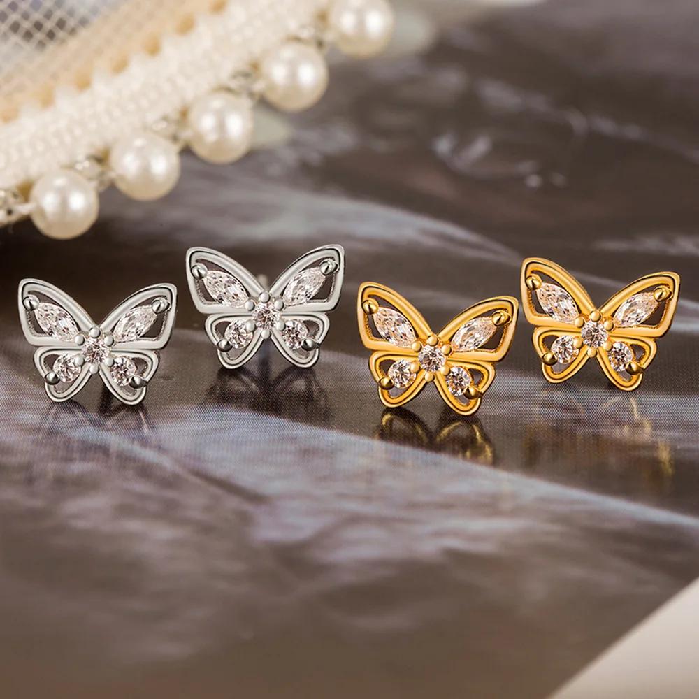 Fashion Female Earrings  Sterling Silver Butterfly Shaped Inlaid Cubic Zircon Earrings for Women  Girlfriend Gift