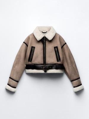 Women Retro Loose Spliced Faux Leather Soft Fur Short Jacket Winter Female Zipper Belt Coat Vintage Outwear