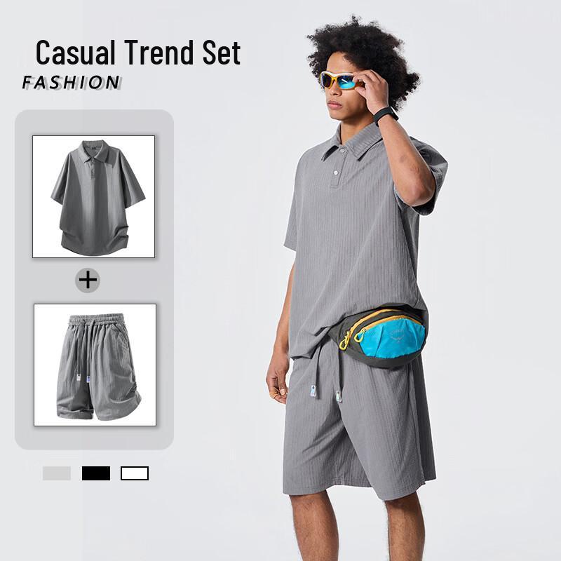 Fengxun Men's Summer Casual Lapel Short Sleeve Two-Piece Set