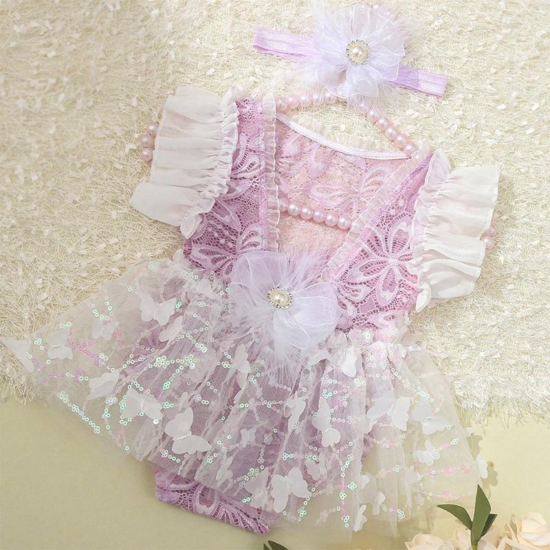 Newborn Photography Lace Dress Set Baby Girls Photo Shoot Costume Polyester Fabric With Floral Texture 0-1 Month Photoshoot Accessory