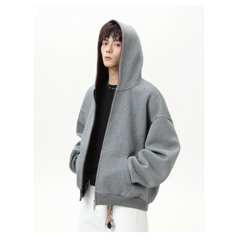 Men Heavy Weight American Color Block Loose Hooded Long Sleeve Zip Up Casual Hoodie Jacket