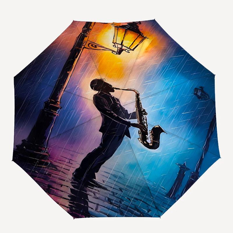 Saxophone Rain Themed Automatic Opening and Closing Umbrella, Brightly Colored 8-rib Portable Umbrella, Suitable for Men and Women, A Perfec