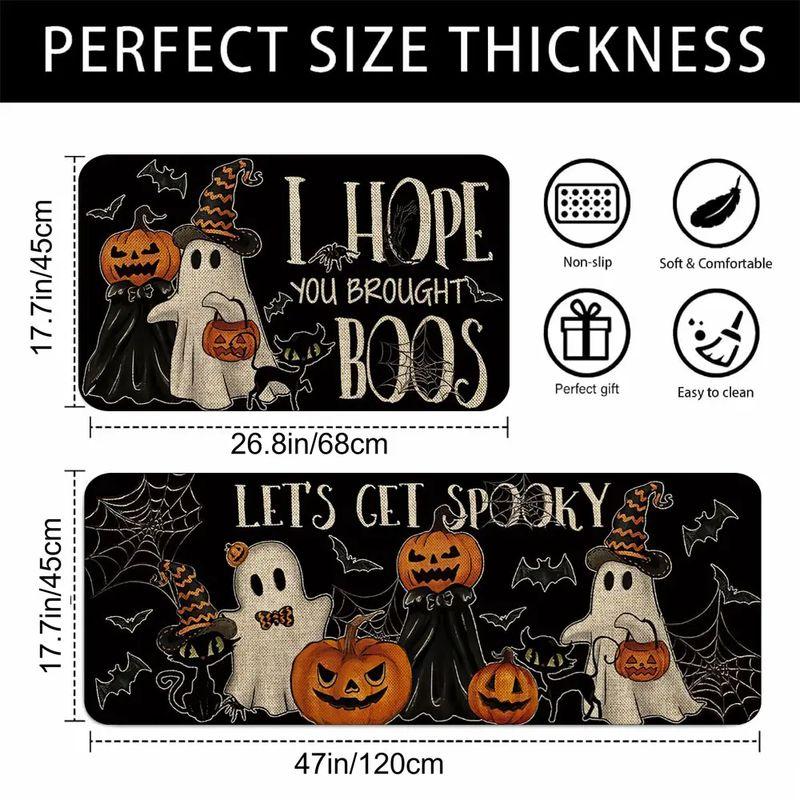 Halloween Kitchen Mat Set Black Gold Stripe Pumpkin Boo Runner Mat Entryway Holiday Home Decor Aesthetic Art Cute
