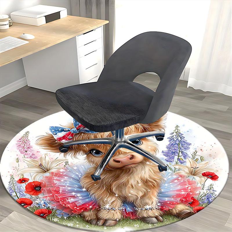 1pc American Flag Cow with Bow Round Carpet Office Chair Mat, Anti Slip Rug for Home Decor, Gift, Office, Living Room, Bedroom