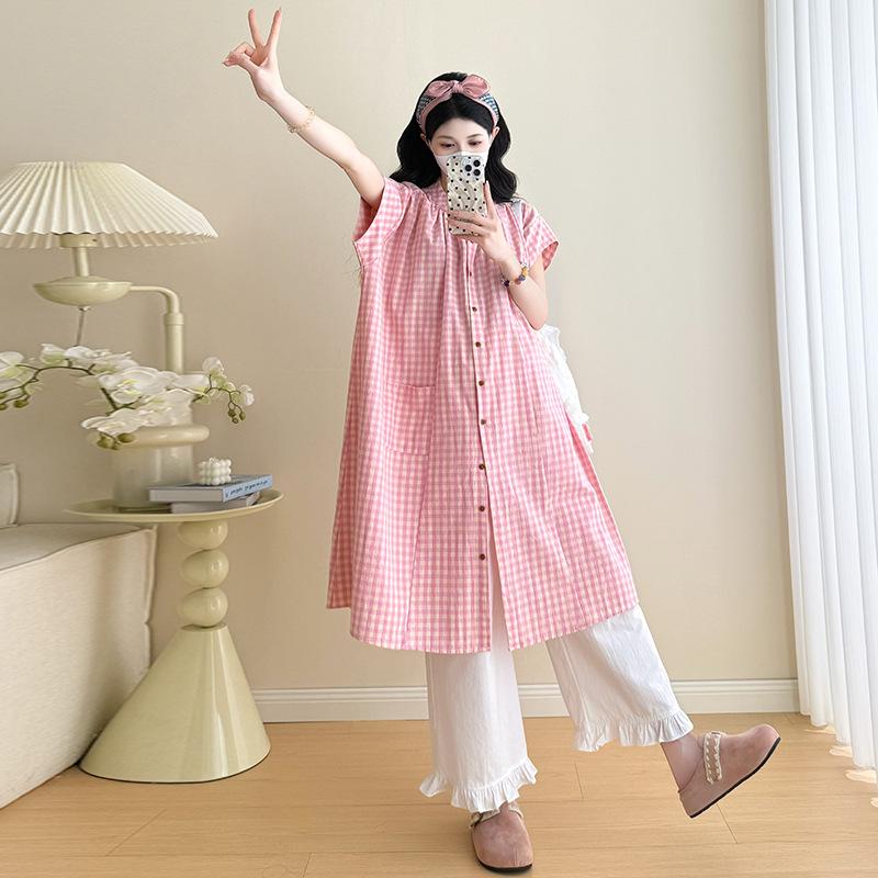 2026 Stylish Summer Pink Plaid Ruffle Two-Piece Set with Wide-Leg Pants