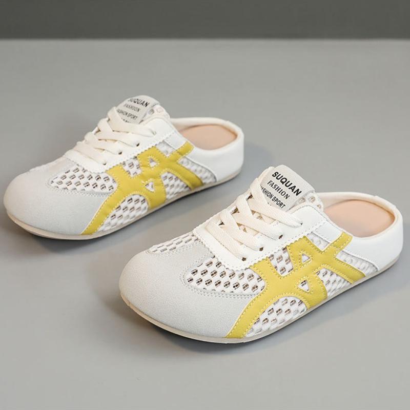 Summer Women's Woven Half Slippers 2025 New Hollow Breathable Walking Shoes Outdoor Fashion Slip-on Flat Shoes Zapatos De Mujer