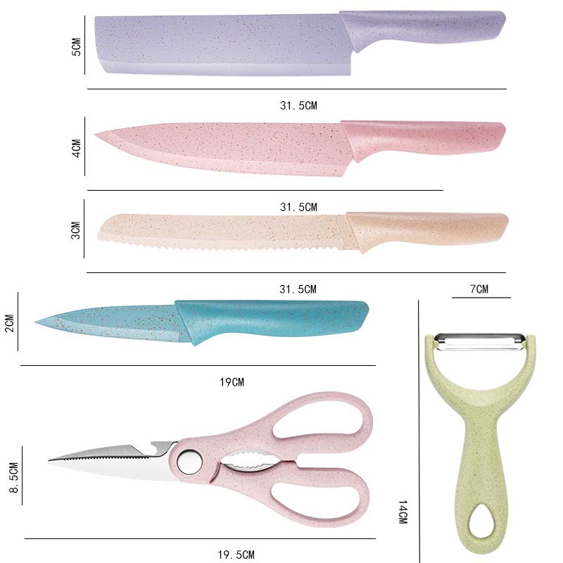 Kitchen Knife 6Pcs/Set High and Good Quality Corrugated Colorful Stainless Steel Chef Knife Bread Household Knife Cleaver Scissors Kitchen Bar
