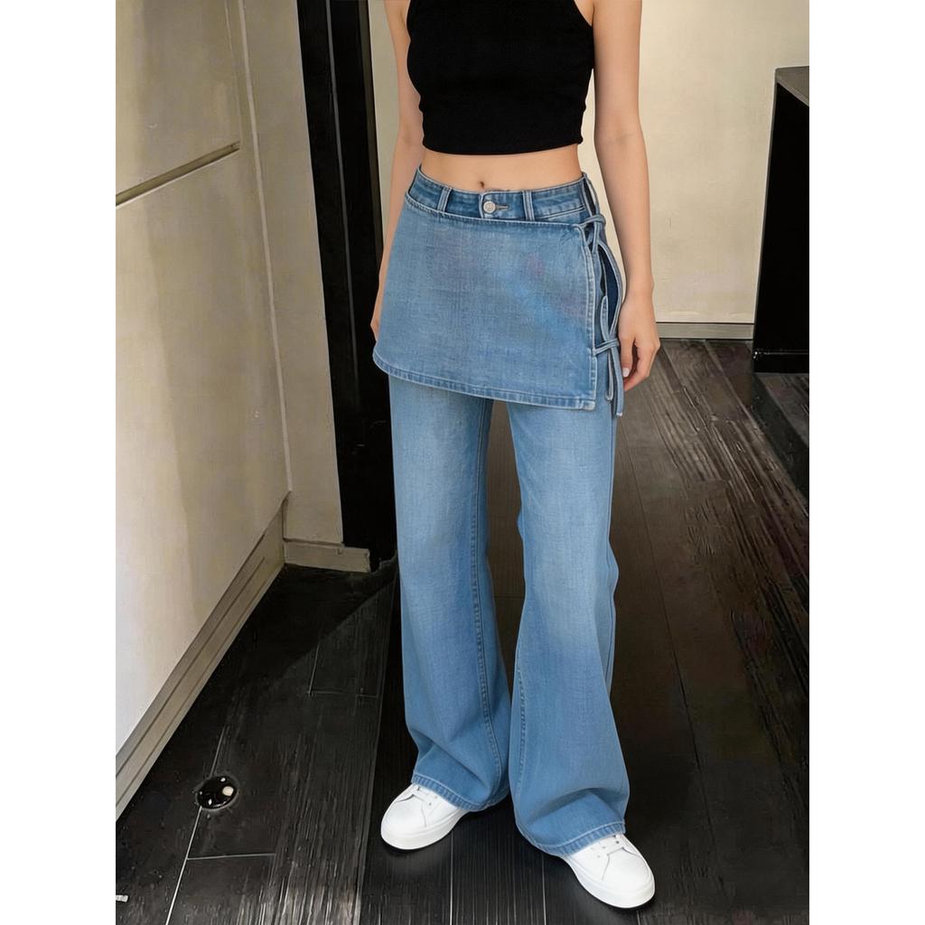 American retro fake two-piece denim skirt pants for women's summer high waist and thin Spice girl design sense wide leg trousers ins wear