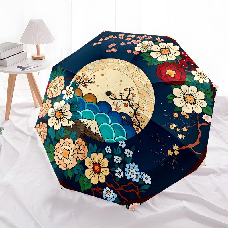 1pc Japanese Floral Moon Landscape Umbrella with Plastic Handle,Vibrant Cartoon Pattern,Multi-functional UmbrellaPT142