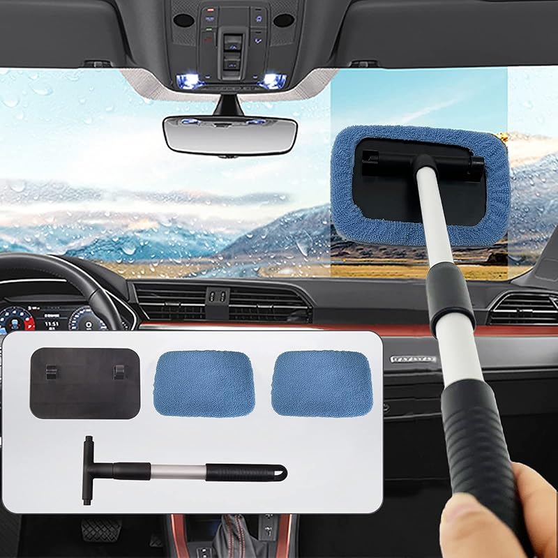 Glass Cleaner Wiper, Windshield Cleaning Tool, Microfiber Window Cleaner With Extendable Handle, Auto Glass Wiper Kit (Blue Square) One Size