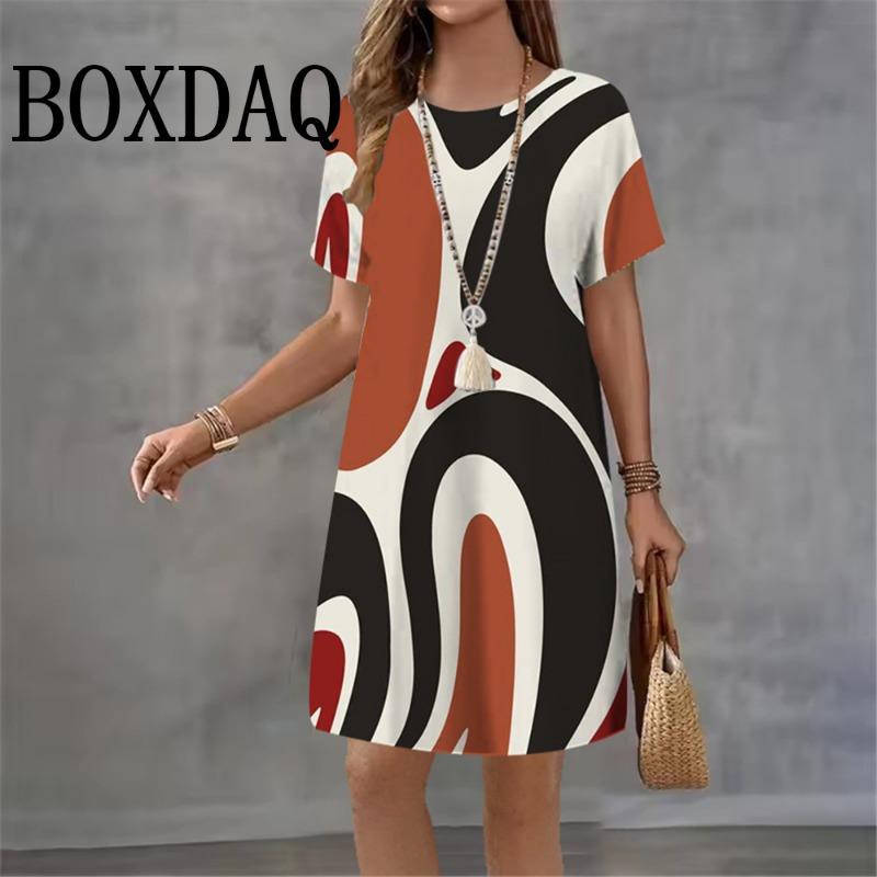 New Dresses Women Outdoor Fashion Short Sleeve Abstract Animal Cat Pattern Print Dress Casual Loose A-Line Dresses