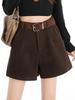 Plus Size High-Waisted Coffee Wool Blend A-Line Shorts for Women - Loose, Slimming Wide-Leg Style for Spring & Autumn.