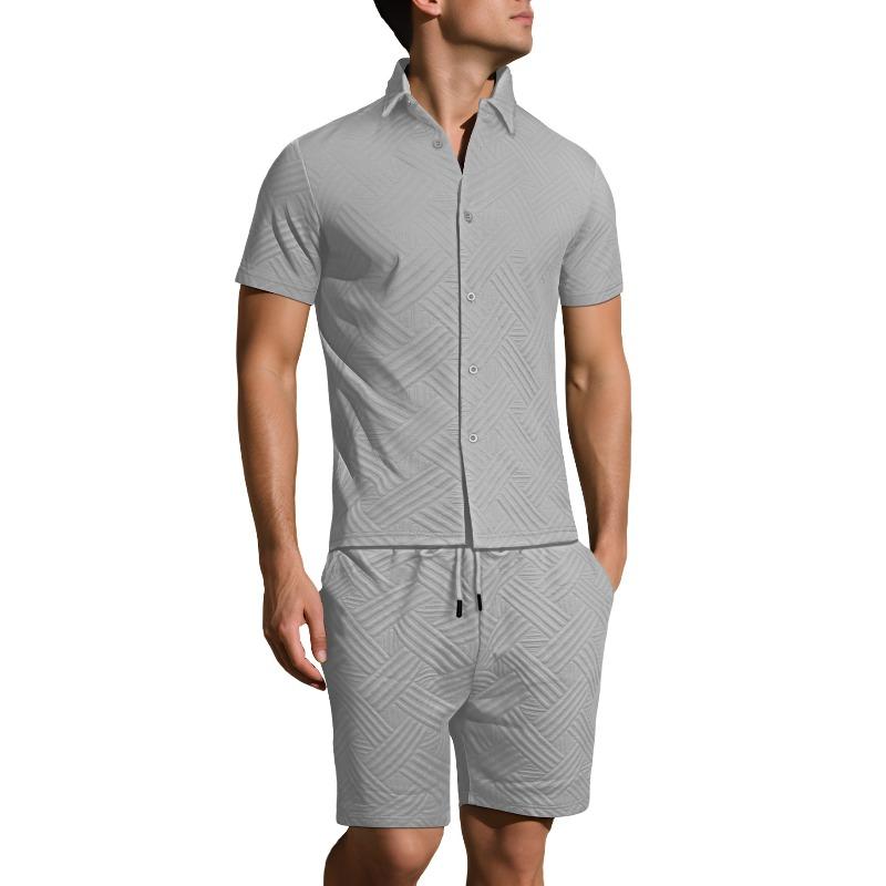 Summer hot sale new men's solid color jacquard shirt casual short-sleeved shorts two-piece set