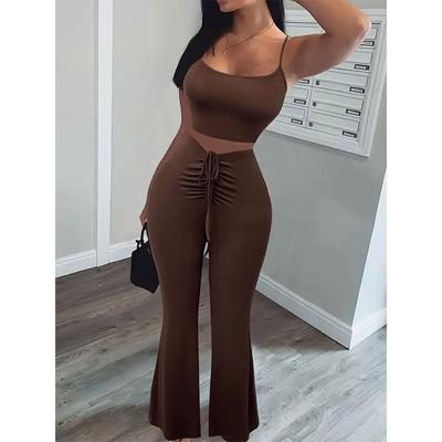 Ladies Summer Casual Solid Colour Suspenders Drawstring Flared Pants Two Piece Set