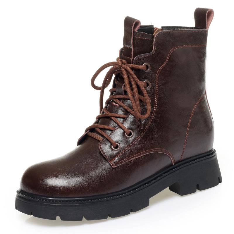 Women's British-Style Genuine Leather Ankle Boots - 2025 Autumn/Winter, Thick Sole, Velvet Wool Interior, Warm & Stylish.