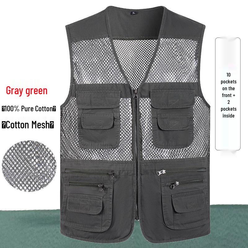 Herren Sommer Baumwoll-Netz-Angelweste, Ärmellos, Mehrere Taschen, Große Größe 8XL, für Fotografen mittleren Alters und ältere Menschen 4XL (90-102.5 kg)