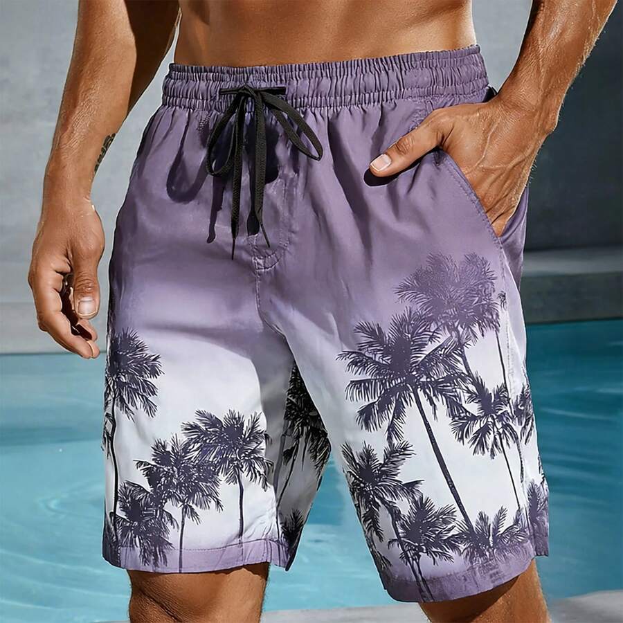 Men's Board Shorts Gradient Multicolored Palm Tree 3D Print Casual Beach Shorts Summer Casaul Vacation Lightweight Sport Shorts