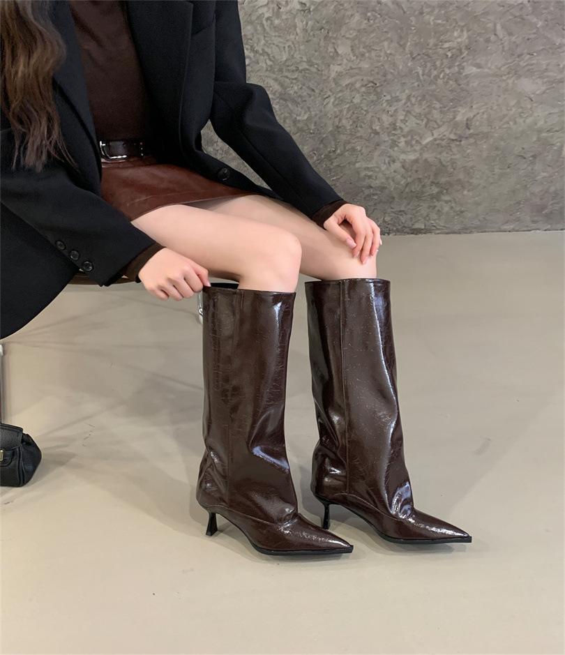 Grey patent leather pointed-tipped pleated boots female hottie style fine heel high tube but knee high heel knight boots