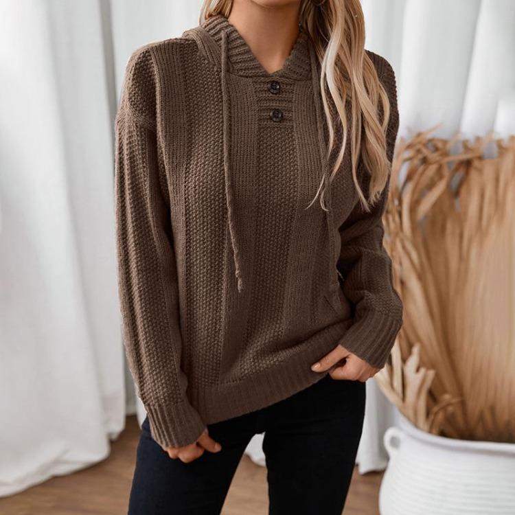 Vintage Pullover Sweater Hooded Loose Long Sleeve V-Neck Solid Color Knitwear Top for Autumn Winter