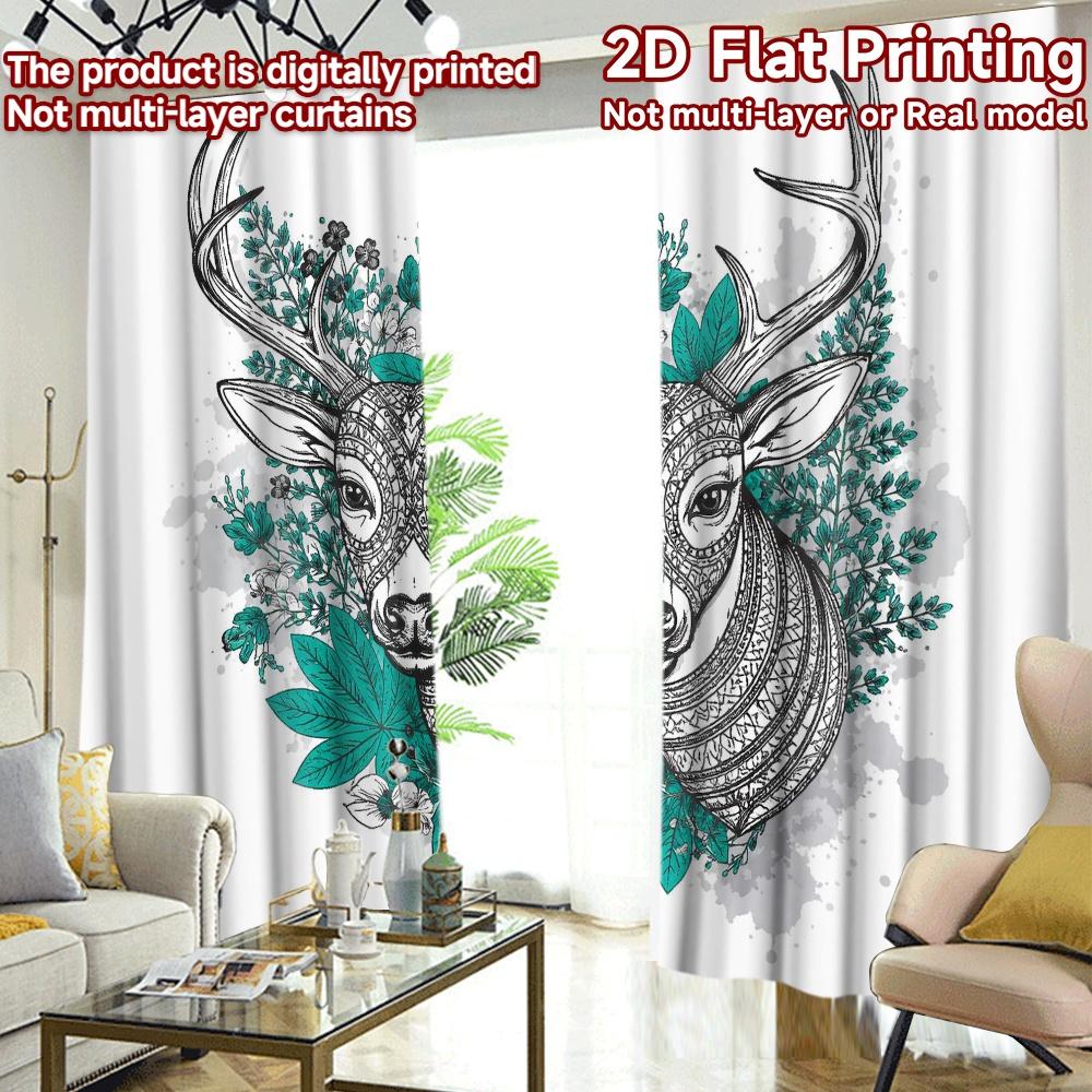 2D FLAT PRINTING 2pcs Curtains (Without Rod) Deer with Floral Antlers Modern Fashionable Curtains 100% Polyester Curtains