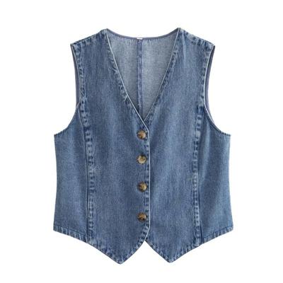 Damenmode Vorderknopf Jeansweste Vintage V-Ausschnitt Ärmellos Weibliche Oberbekleidung Schicke Weste Tops