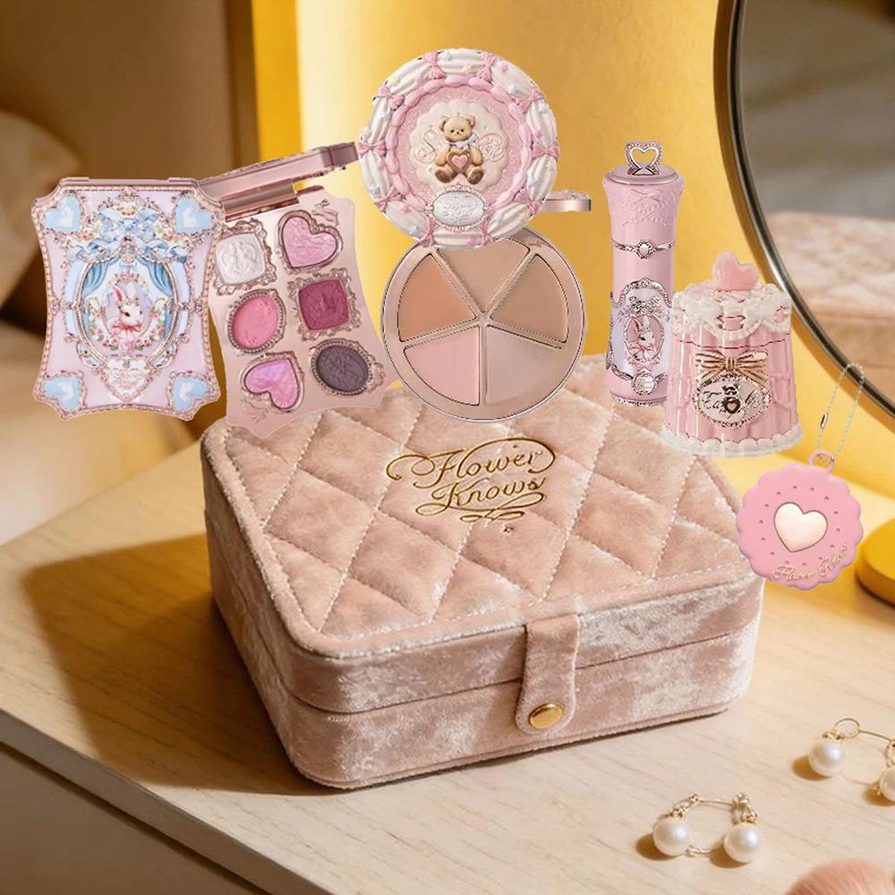 Flower Knows Makeup Gift Box Shimmer Eye Shadow Palette,Eyeliner Cupid Lipstick Full Coverage Concealer All-in-One Beauty Kit