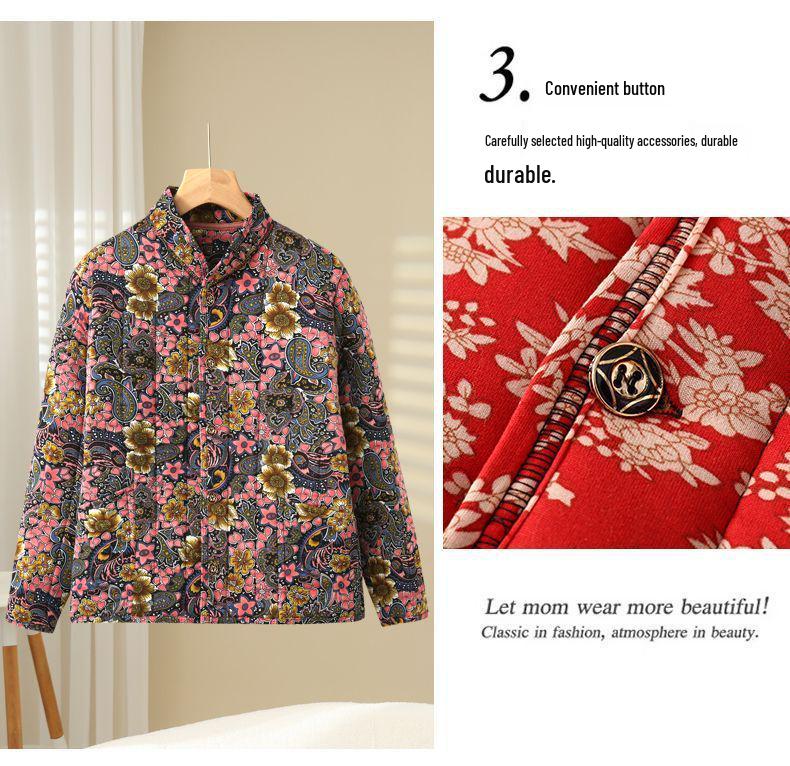 Mom's Floral Long-Sleeve Cotton Jacket for Middle-Aged and Elderly Women