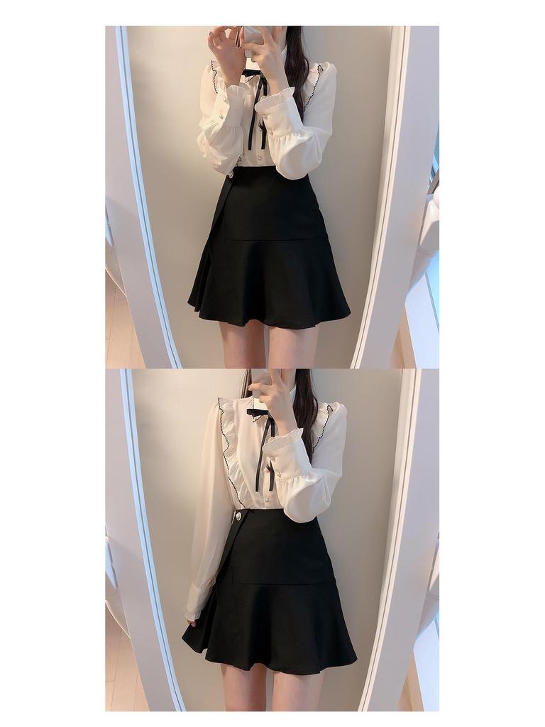 Women's Spring College Style Pearl Button Bow Ruffle Collar Blouse