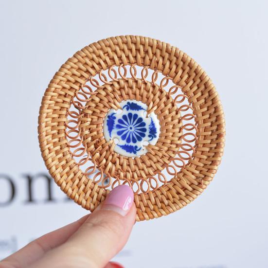 Handmade Rattan Coasters Heat Insulation Pads Kitchen Table Mats with Ceramic Inlay Decorative Placemats for Dining Room Bar