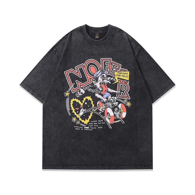 Spring And Summer New Washed Old T-Shirts For Men And Women American High Street Retro Trendy Brand Dark Printing Short Sleeves