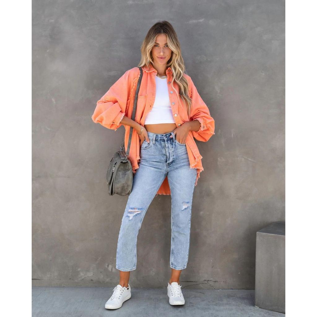 Long Sleeve Denim Jacket Women Washed Raw Edge Mid-Length Loose Jacket