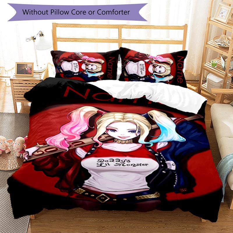 3pcs Custom Name Cartoon Harley Quinn Bedding Set Duvet Cover Closure Includes 1 Duvet Cover & 2 Pillowcases for All Seasons Bedroom Decor