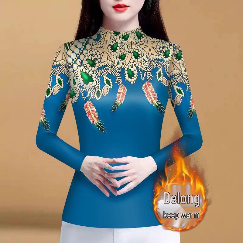 Mom's Autumn/Spring Long Sleeve Semi-High Neck Fleece Lined Shirt - High-End Print Tummy Covering T-Shirt Top