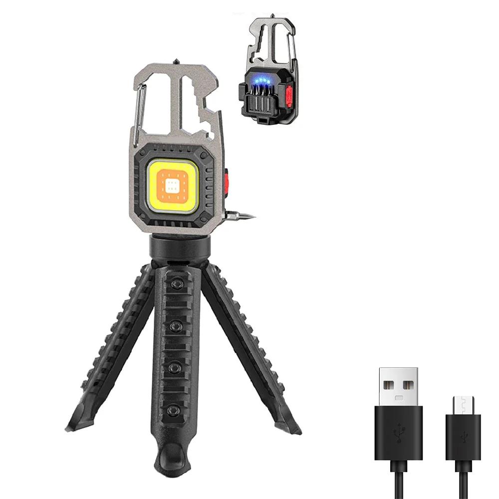 COB LED Work Light USB Rechargeable Keychain Flashlight 7-Modes with Battery Display for Outdoor Camping Hiking Emergency Use