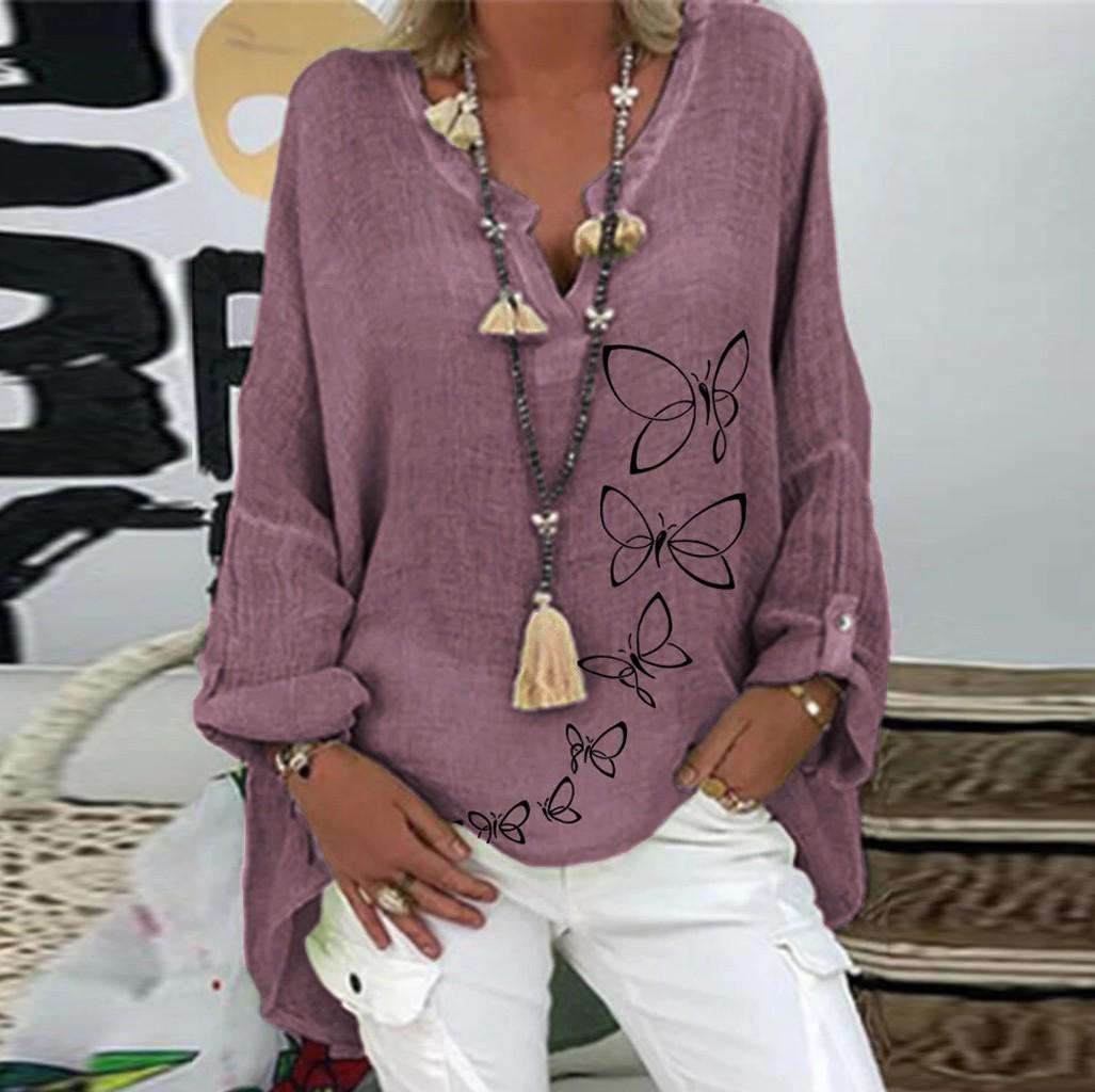 

Женская повседневная рубашка с длинным рукавом и цветочным принтом размера плюс, свободная рубашка с v-образным вырезом, блузка, топ XXL фиолетовый