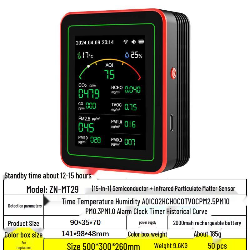 Детектор CO2, PM2.5, PM1.0, формальдегида, TVOC, температуры и влажности Tuya 15-в-1