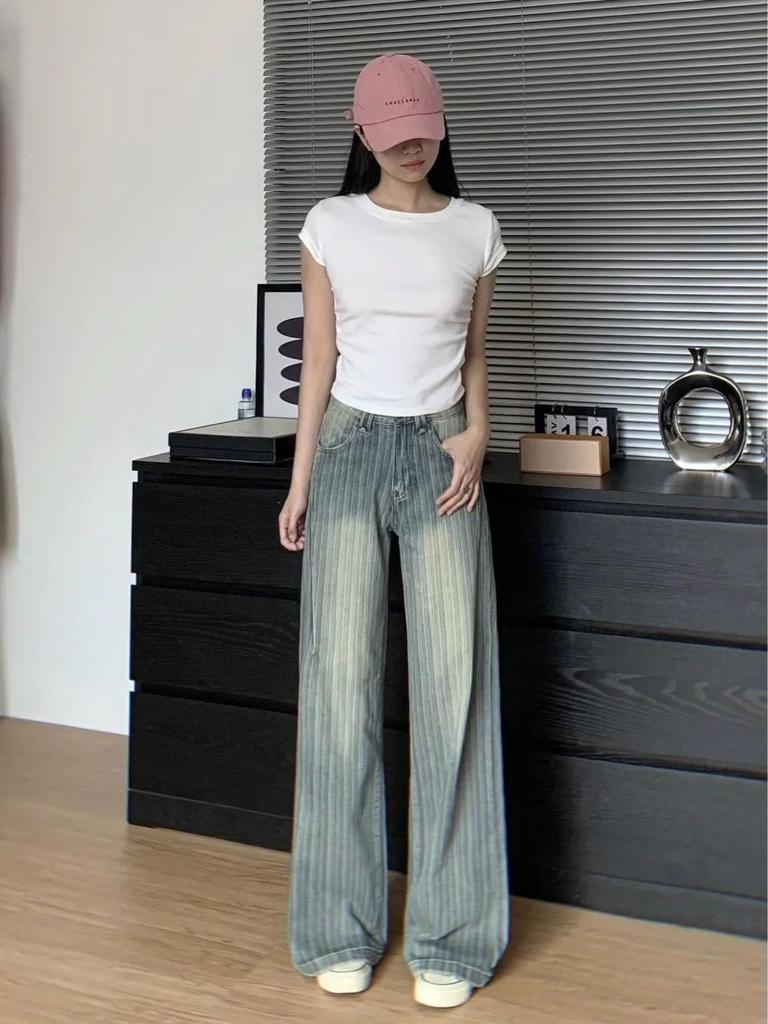 Women's Striped Low-Waist Slimming Retro Jeans - Autumn 2024 Collection, Straight & Wide-Leg Design.
