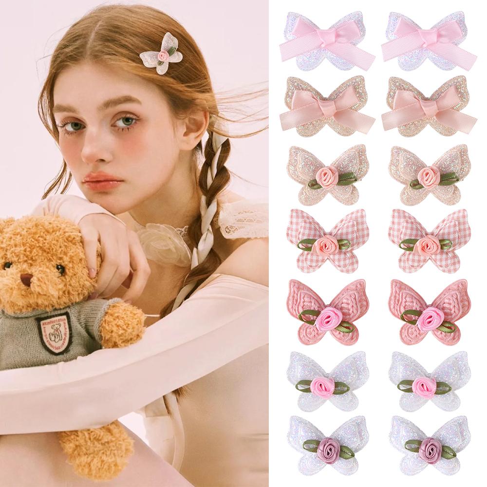 

2pcs/set Cute Plaid Flower Hair Clips for Women Girls Fresh Spring Summer Handmade Butterfly Hairpins Headwear Hair Accessories