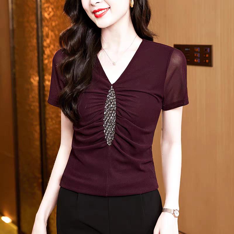 Summer Sexy V-neck Luxury Hot Diamonds Women’s T-Shirt Fashion Slim Mesh Short Sleeve Tees Brand Ladies  All Match Tops