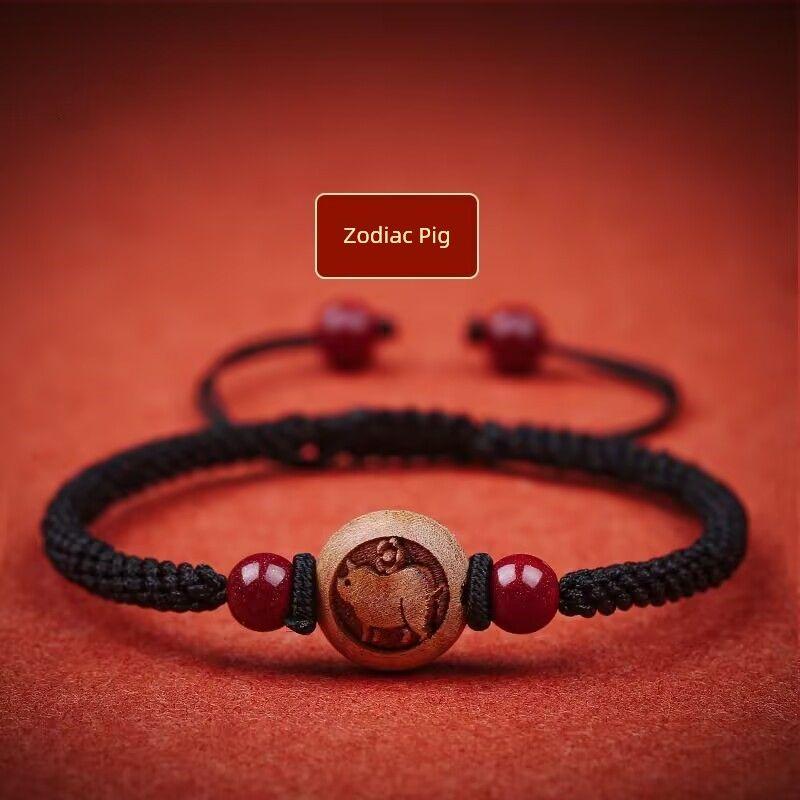 Peachwood Zodiac Red Rope Bracelet Men's Lucky Beads Woven Hand Strap Girls Kids Natural Cinnabar Bracelet Snake