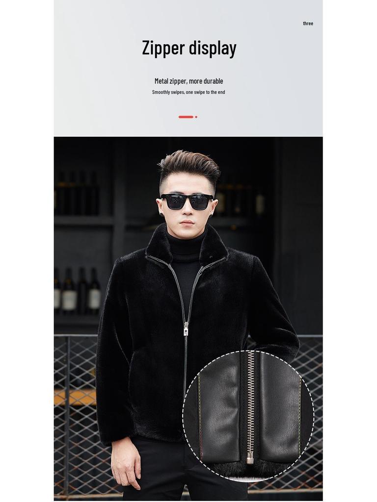 Men's Full Mink Fur Lapel Jacket - Winter Thick Faux Fur Coat