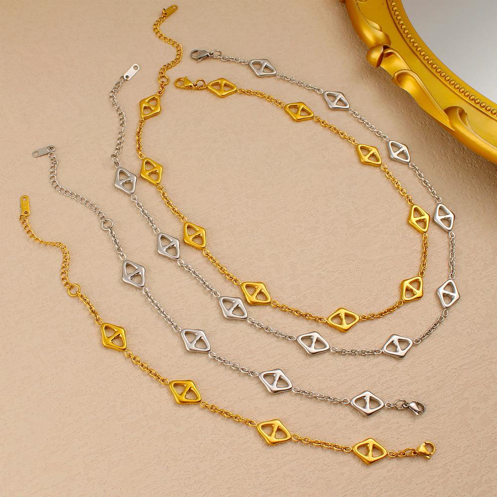 Hollow Rhombus Japanese Character Necklace & Bracelet Set - 18K Gold Plated Stainless Steel Clavicle Chain Women's Jewelry