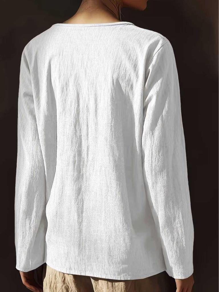 Chemise Longue en Lin et Dentelle Européenne Printemps-Été pour Femme - Couleur Unie, Col Rond