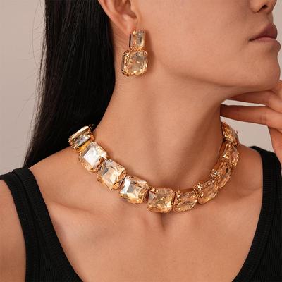 Set da 2 pezzi: Orecchini a bottone quadrati con strass e collana – Chic europeo/americano, lusso di alta gamma per donne