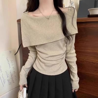 Women's Blue Straight-Knit Long-Sleeve Sweater High-End Slim Fit for Autumn and Winter Base Top