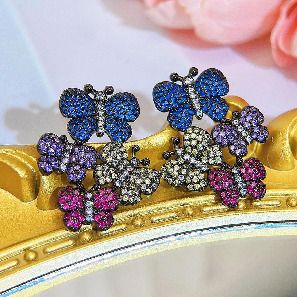 WWJ Creative Design Sense Flower Butterfly Retro Palace Style Micro-Inlaid Color Zircon Women's Party Drop Earrings