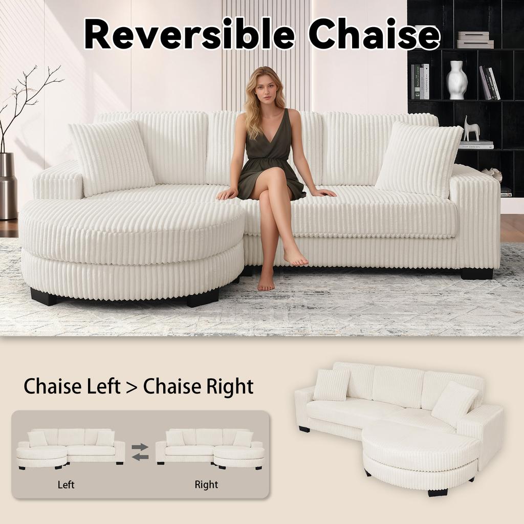 Divano ad Angolo a L - 4 Posti, 256,5 x 133,5 x 89 cm, Velluto a Coste Classico, Design Modulare con Pouf Ovale, 2 Cuscini Inclusi, Beige