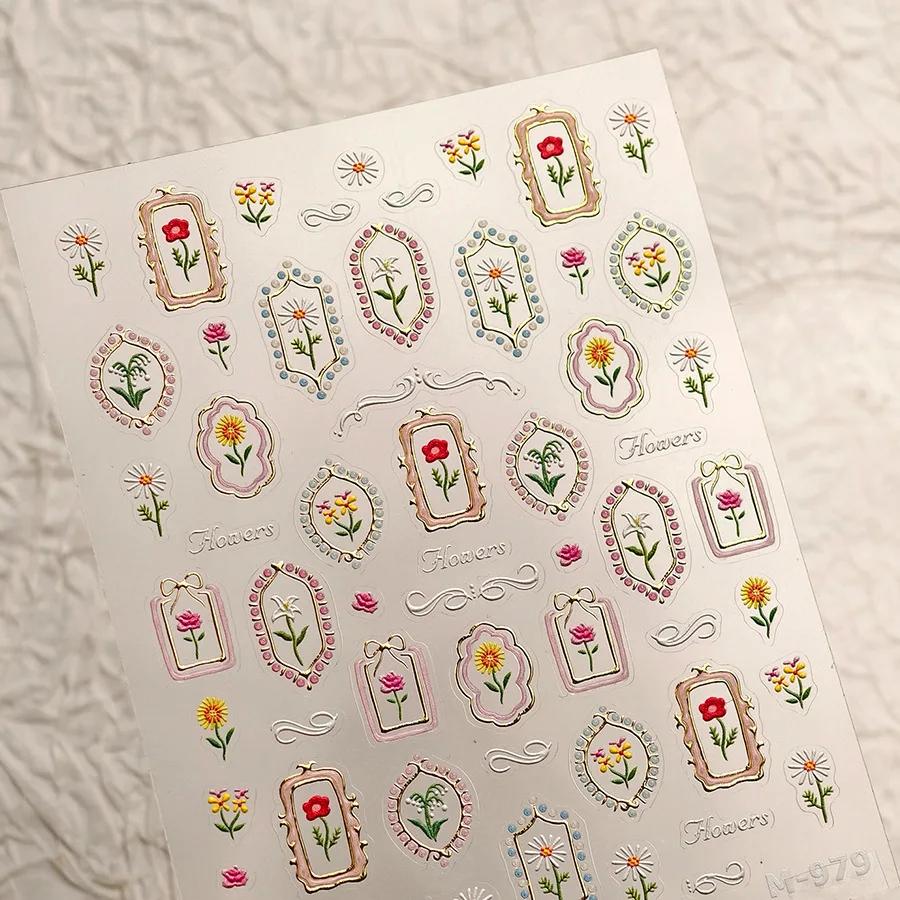 5D Gold Stamping Butterfly Vintage Border Nail Art Stickers Hearts Stars Moon Shiny Metal Elegant Self Adhesive Manicure Decal