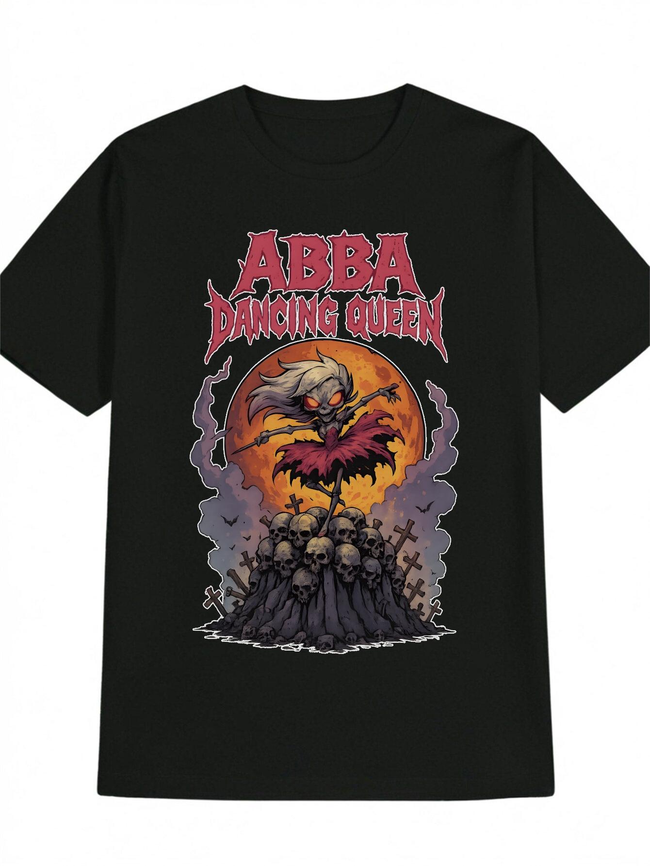

Casual Graphic T-shirt - ABBA Dancing Queen Skeleton Print Black Tee with Red & Orange Artwork XXL