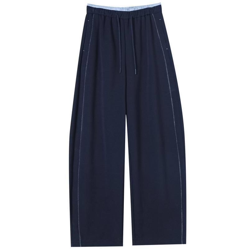 Women's Autumn 2025 Dark Blue High-Waisted Floor-Length Wide-Leg Trousers: Slimming Drape Style, Casual Fit (Model 23276)